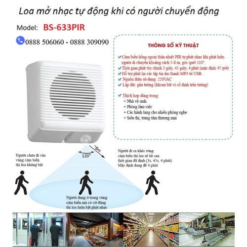 Hướng dẫn lắp đặt, sử dụng loa mở nhạc tự động phát khi có người BS-633PIR dùng trong nhà vệ sinh, toilet, hành lang, sảnh tiếp khách