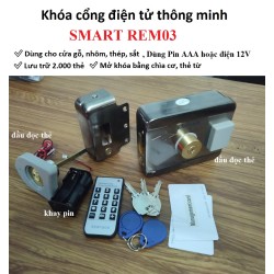 Khóa cổng điện tử thông minh dùng PIN SMART REM03, thẻ từ, chìa cơ