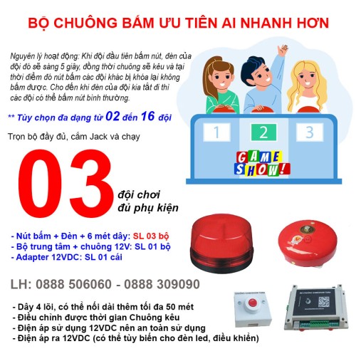 Bộ mạch chuông trò chơi GAMESHOW G3 (3 đội chơi), nút bấm ai nhanh hơn giành quyền trả lời, đại lý, phân phối,mua bán, lắp đặt giá rẻ Bộ mạch chuông trò chơi GAMESHOW G3 (3 đội chơi), nút bấm ai nhanh hơn giành quyền trả lời, đại lý, phân phối,mua bán, lắp đặt giá rẻ