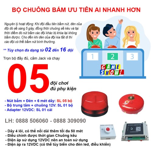 Bộ mạch chuông trò chơi GAMESHOW G5 (5 đội chơi), nút bấm ai nhanh hơn giành quyền trả lời, đại lý, phân phối,mua bán, lắp đặt giá rẻ Bộ mạch chuông trò chơi GAMESHOW G5 (5 đội chơi), nút bấm ai nhanh hơn giành quyền trả lời, đại lý, phân phối,mua bán, lắp đặt giá rẻ
