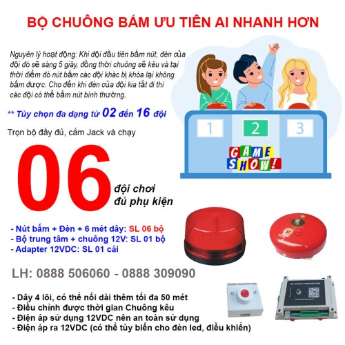 Bộ mạch chuông trò chơi GAMESHOW G6 (6 đội chơi), nút bấm ai nhanh hơn giành quyền trả lời, đại lý, phân phối,mua bán, lắp đặt giá rẻ Bộ mạch chuông trò chơi GAMESHOW G6 (6 đội chơi), nút bấm ai nhanh hơn giành quyền trả lời, đại lý, phân phối,mua bán, lắp đặt giá rẻ
