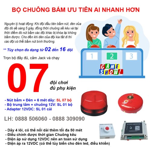 Bộ mạch chuông trò chơi GAMESHOW G7 (7 đội chơi), nút bấm ai nhanh hơn giành quyền trả lời, đại lý, phân phối,mua bán, lắp đặt giá rẻ Bộ mạch chuông trò chơi GAMESHOW G7 (7 đội chơi), nút bấm ai nhanh hơn giành quyền trả lời, đại lý, phân phối,mua bán, lắp đặt giá rẻ